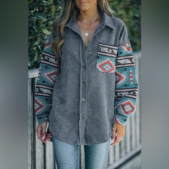 Geometric Button Up Dropped Shoulder Jacket - Picture 3 of 7